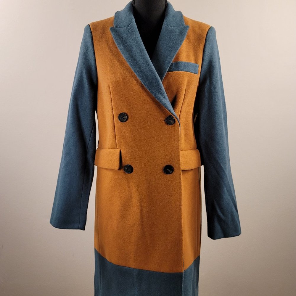 Nasty Gal Color Block Wool Look Coat Size US 0 | Orange/Blue Faux Wool Coat
